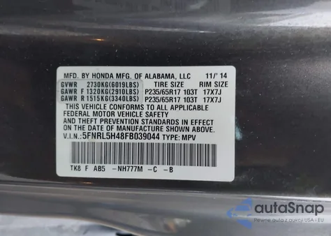 2015 Honda Odyssey Ex z USA, uszkodzony, nr VIN 5FNRL5H48FB039044